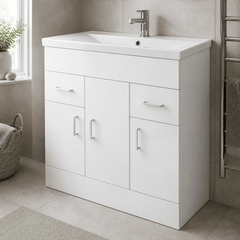 [BFORW800E] Charnes Contemporary Minimalist Floor Standing Vanity Basin Unit, Gloss White, Choice of Size and Basin Option