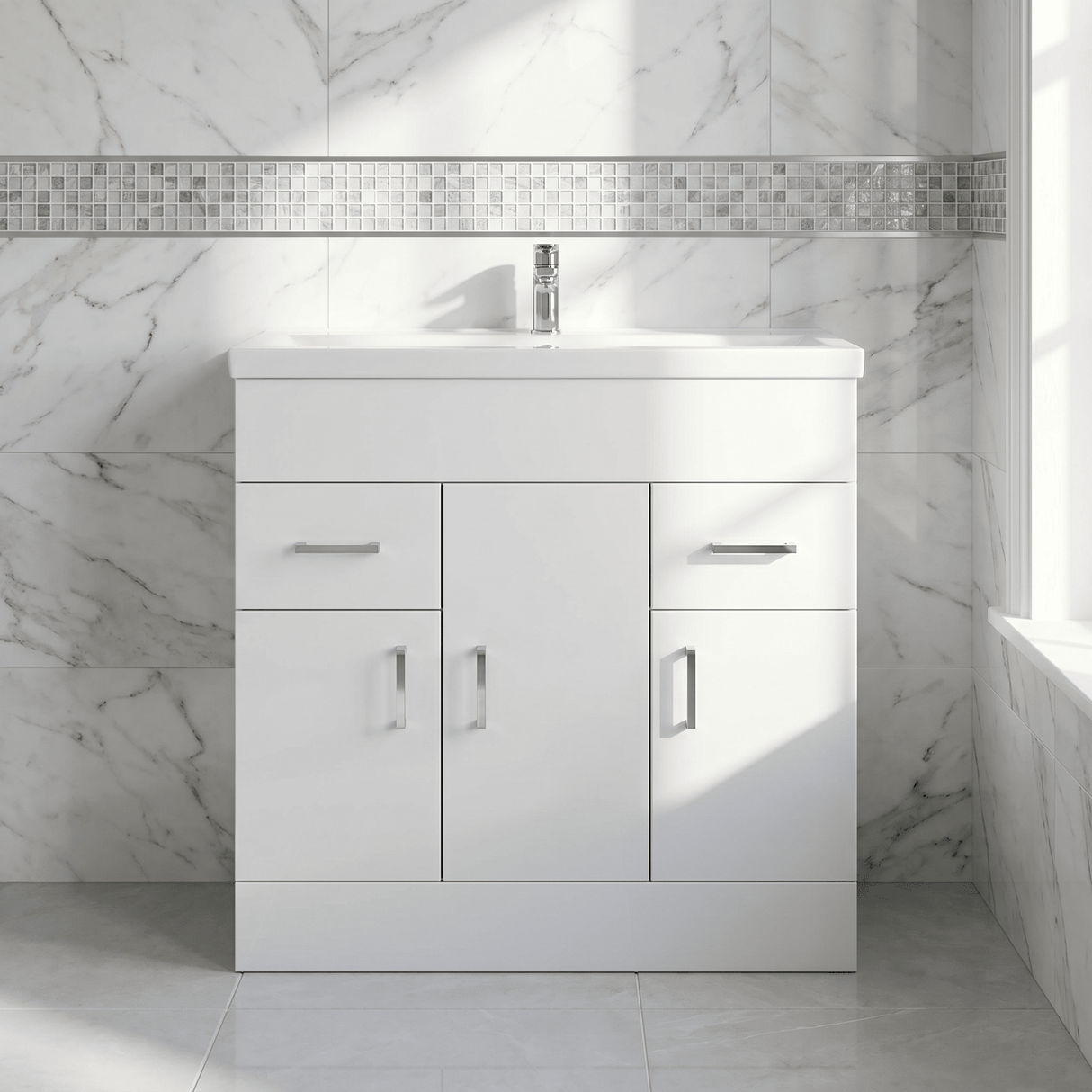 [BFORW800E] Charnes Contemporary Minimalist Floor Standing Vanity Basin Unit, Gloss White, Choice of Size and Basin Option - Silo
