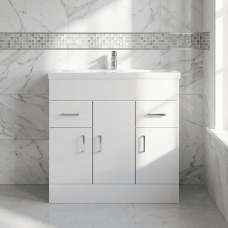 [BFORW800E] Charnes Contemporary Minimalist Floor Standing Vanity Basin Unit, Gloss White, Choice of Size and Basin Option - Silo