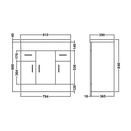 [BFORW800M] Balterley 800mm 3 Door 2 Drawer Gloss White Floor Standing Cabinet With Basin - Technical Drawing