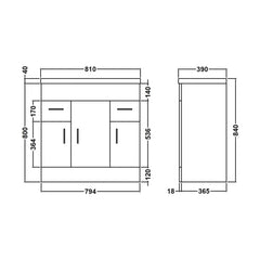 [BFORW800M] Charnes Contemporary Minimalist Floor Standing Vanity Basin Unit, Gloss White, Choice of Size and Basin Option - Technical Drawing