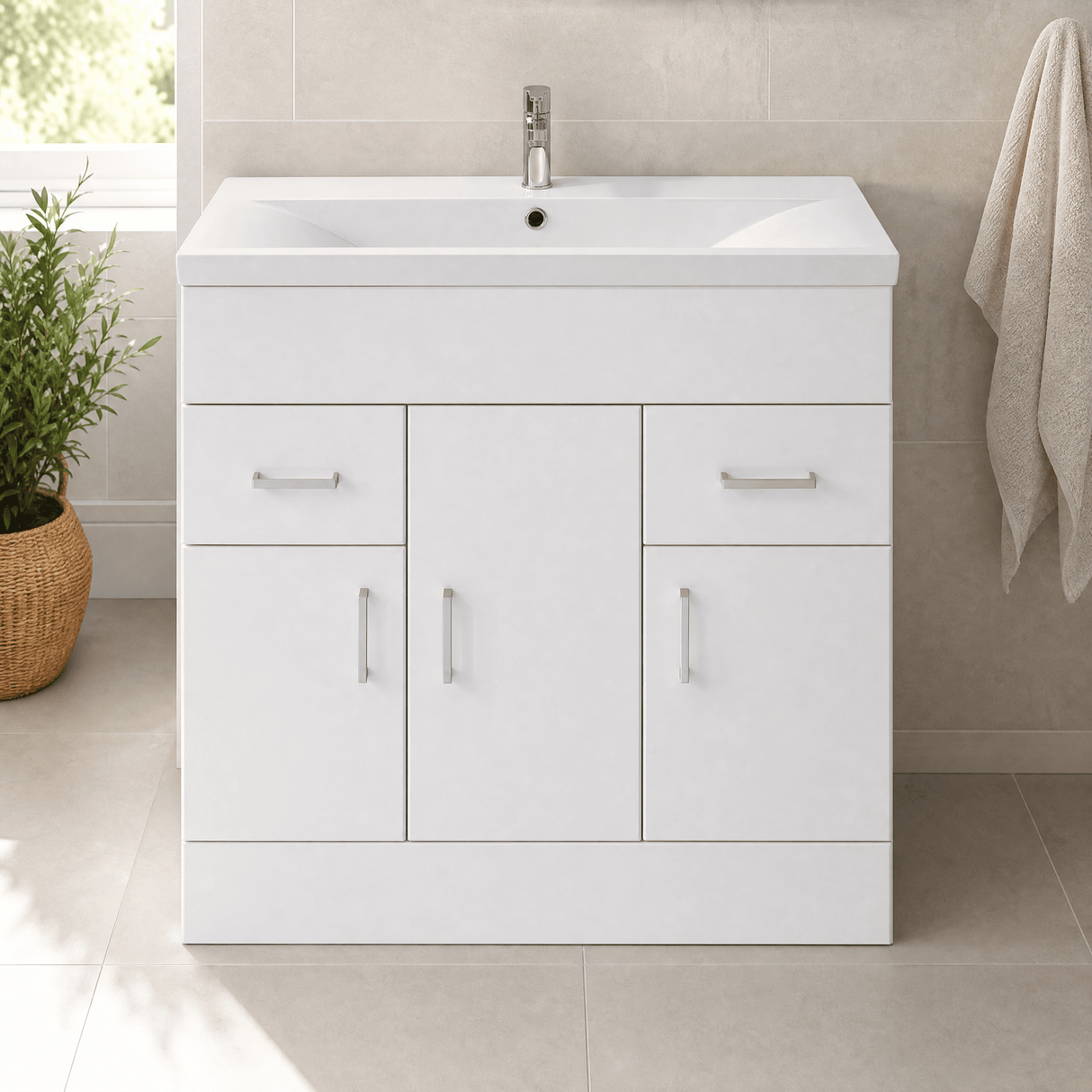 [BFORW800M] Charnes Contemporary Minimalist Floor Standing Vanity Basin Unit, Gloss White, Choice of Size and Basin Option