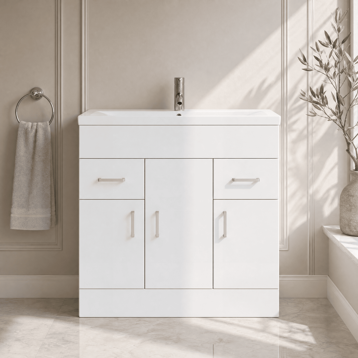 [BFORW800M] Charnes Contemporary Minimalist Floor Standing Vanity Basin Unit, Gloss White, Choice of Size and Basin Option - Silo