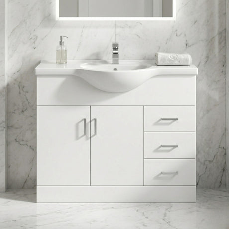 Hamstall Contemporary Floor Standing Vanity Unit with Round Ceramic Basin – Gloss White, Choice of Doors, Drawers & Sizes