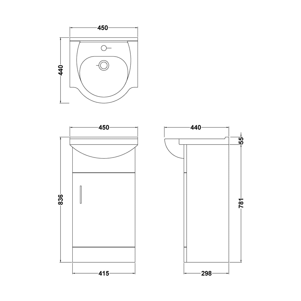 [BFORY450] Hamstall Contemporary Floor Standing Vanity Unit with Round Ceramic Basin – Gloss White, Choice of Doors, Drawers & Sizes - Technical Drawing
