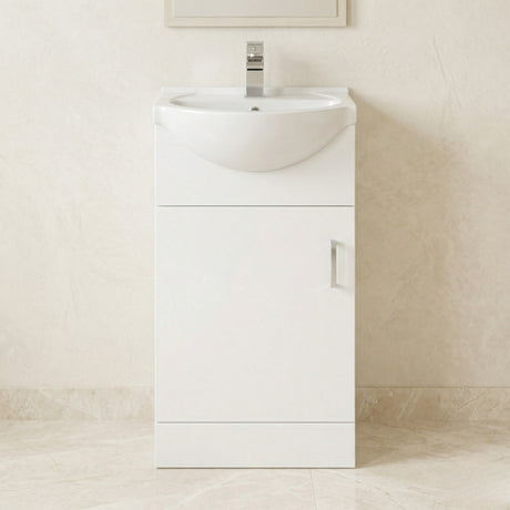 Hamstall Contemporary Floor Standing Vanity Unit with Round Ceramic Basin – Gloss White, Choice of Doors, Drawers & Sizes