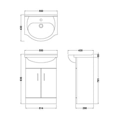 [BFORY550] Hamstall Contemporary Floor Standing Vanity Unit with Round Ceramic Basin – Gloss White, Choice of Doors, Drawers & Sizes - Technical Drawing