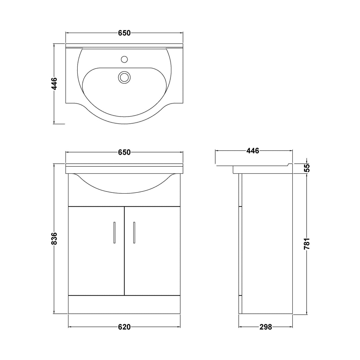[BFORY650] Hamstall Contemporary Floor Standing Vanity Unit with Round Ceramic Basin – Gloss White, Choice of Doors, Drawers & Sizes - Technical Drawing