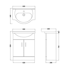 [BFORY650] Hamstall Contemporary Floor Standing Vanity Unit with Round Ceramic Basin – Gloss White, Choice of Doors, Drawers & Sizes - Technical Drawing