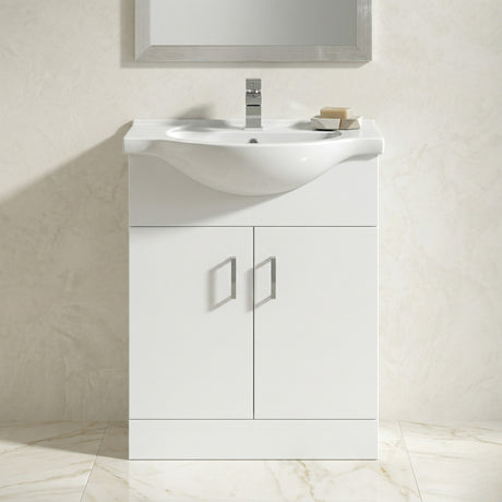 Hamstall Contemporary Floor Standing Vanity Unit with Round Ceramic Basin – Gloss White, Choice of Doors, Drawers & Sizes