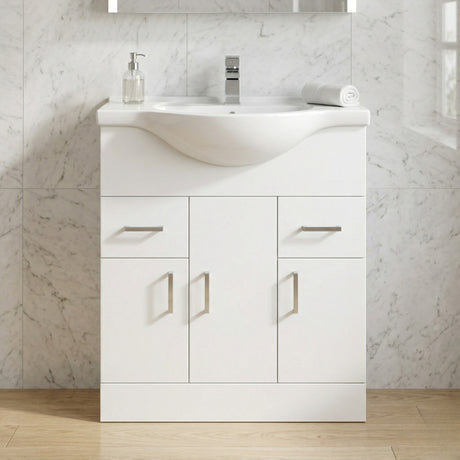 Hamstall Contemporary Floor Standing Vanity Unit with Round Ceramic Basin – Gloss White, Choice of Doors, Drawers & Sizes