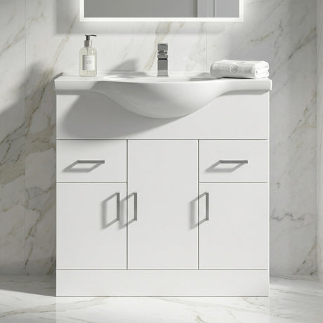 Hamstall Contemporary Floor Standing Vanity Unit with Round Ceramic Basin – Gloss White, Choice of Doors, Drawers & Sizes
