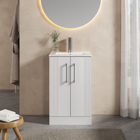 [BFPF123B] Partial Fluted 2 Door Floor Standing Vanity Unit with 1 Tap Hole Minimalist Basin - 500mm - Satin White - Lifestyle 1