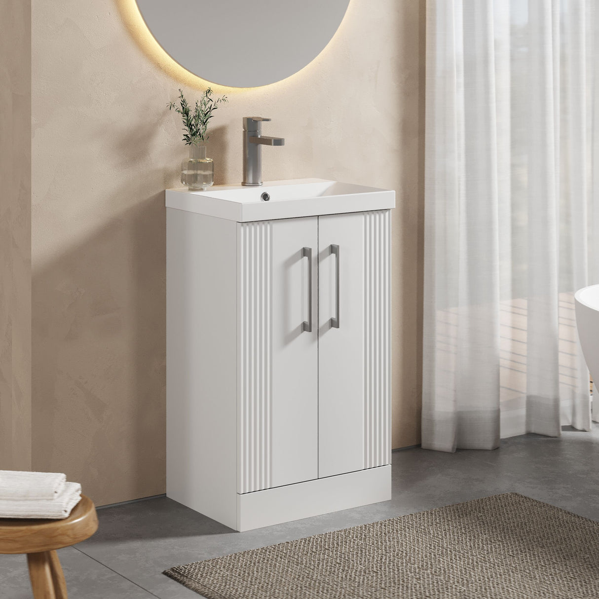 [BFPF123D] Partial Fluted 2 Door Floor Standing Vanity Unit with 1 Tap Hole Thin-Edge Basin- 500mm - Satin White - Lifestyle 3