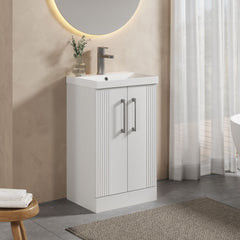 [BFPF123D] Partial Fluted 2 Door Floor Standing Vanity Unit with 1 Tap Hole Thin-Edge Basin- 500mm - Satin White - Lifestyle 3