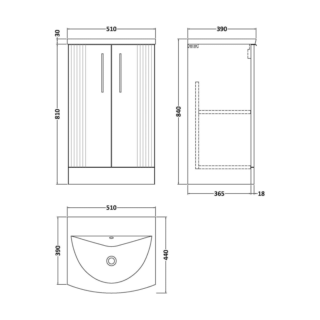 [BFPF123G] Partial Fluted 2 Door Floor Standing Vanity Unit with 1 Tap Hole Curved Basin- 500mm - Satin White - Technical Drawing