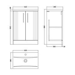 [BFPF125A] Belvide Partial Fluted 2 Door Floor Standing Vanity Unit with Mid-Edge 1 Tap Hole Ceramic Basin - Technical Drawing