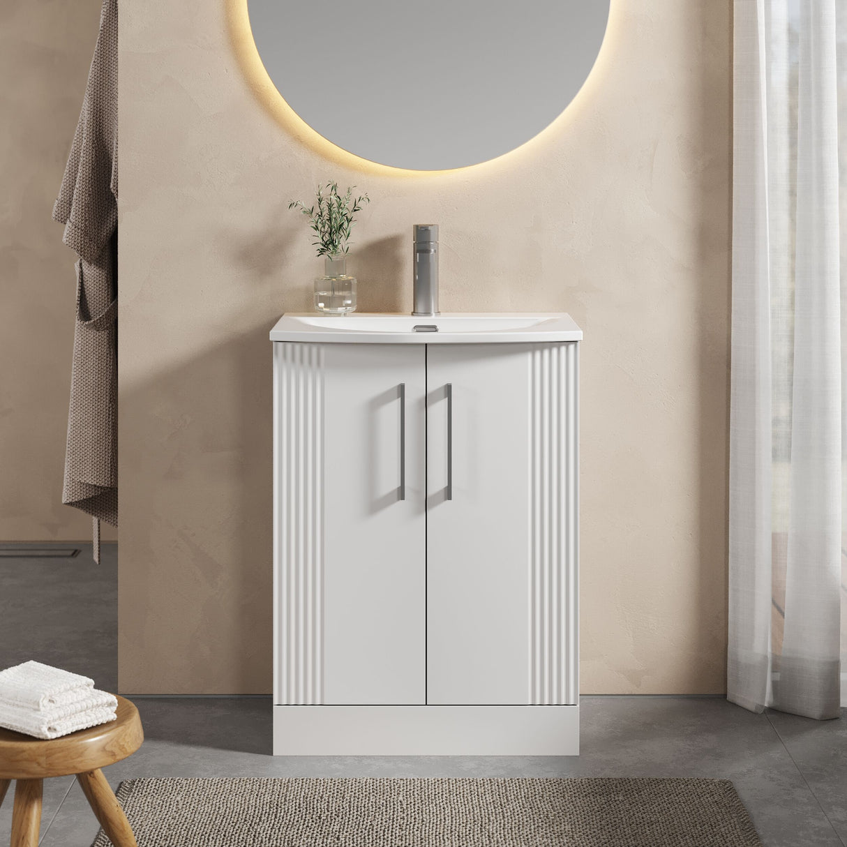 [BFPF125G] Belvide Retro Partial Fluted 2 Door Floor Standing Vanity Basin Unit with Curved Basin, Choice of Size and Colour - Lifestyle 1