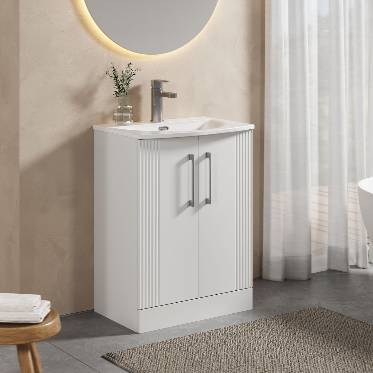[BFPF125G] Belvide Retro Partial Fluted 2 Door Floor Standing Vanity Basin Unit with Curved Basin, Choice of Size and Colour - Lifestyle 3