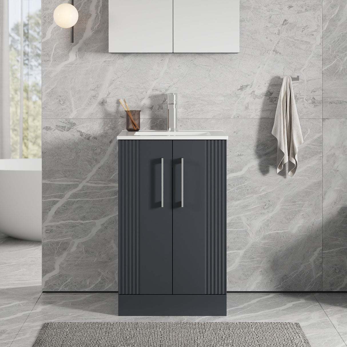 [BFPF1423B] Belvide Retro Partial Fluted 2 Door Floor Standing Vanity Basin Unit with Minimalist Basin, Choice of Size and Colour - Lifestyle 1