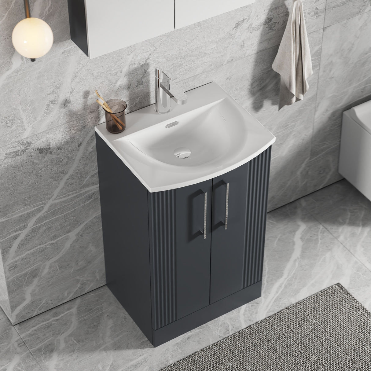 [BFPF1423G] Belvide Retro Partial Fluted 2 Door Floor Standing Vanity Basin Unit with Curved Basin, Choice of Size and Colour - Lifestyle 2