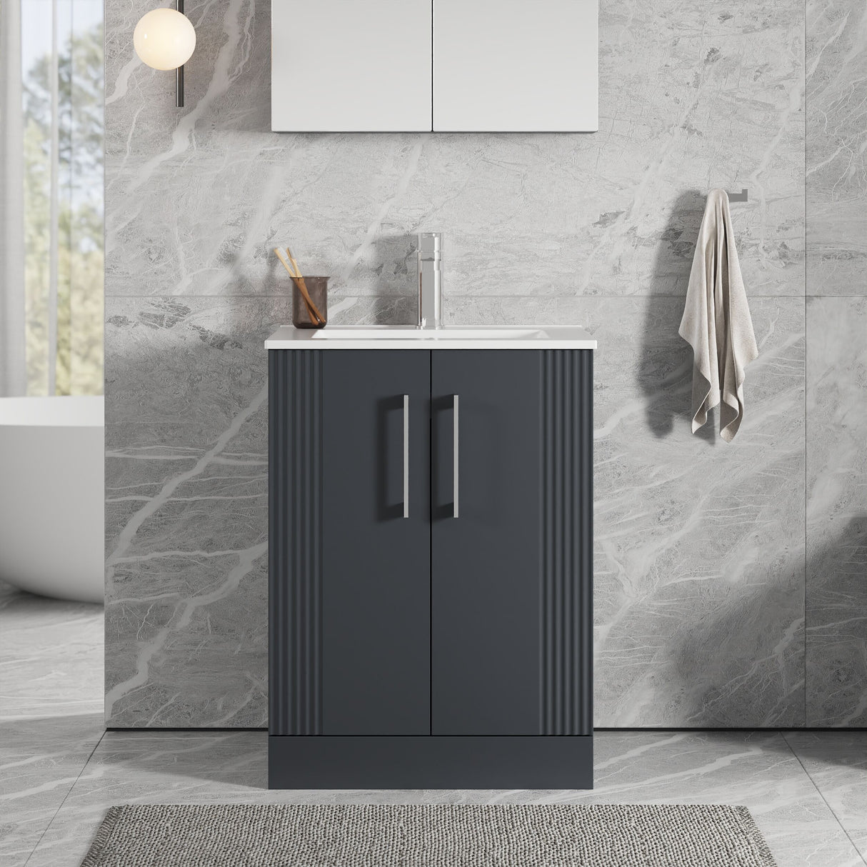 [BFPF1425B] Belvide Retro Partial Fluted 2 Door Floor Standing Vanity Basin Unit with Minimalist Basin, Choice of Size and Colour - Lifestyle 1
