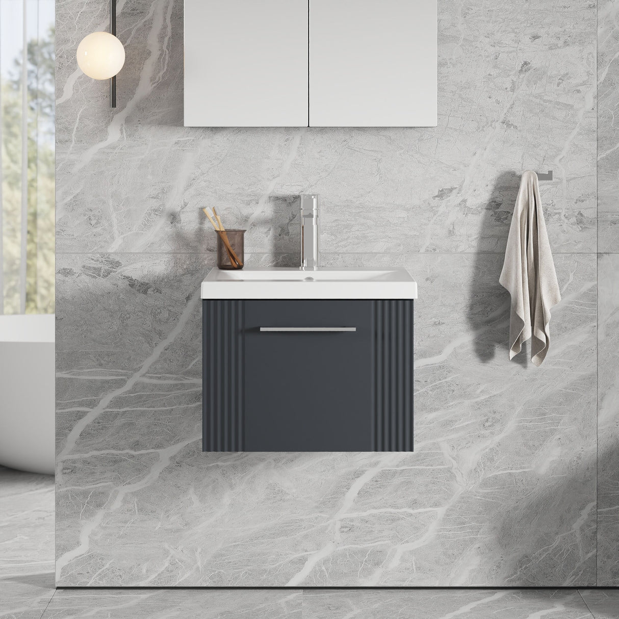 [BFPF1491A] Belvide Partial Fluted 1 Drawer Wall Hung Vanity Unit with Mid-Edge 1 Tap Hole Ceramic Basin - Lifestyle 1