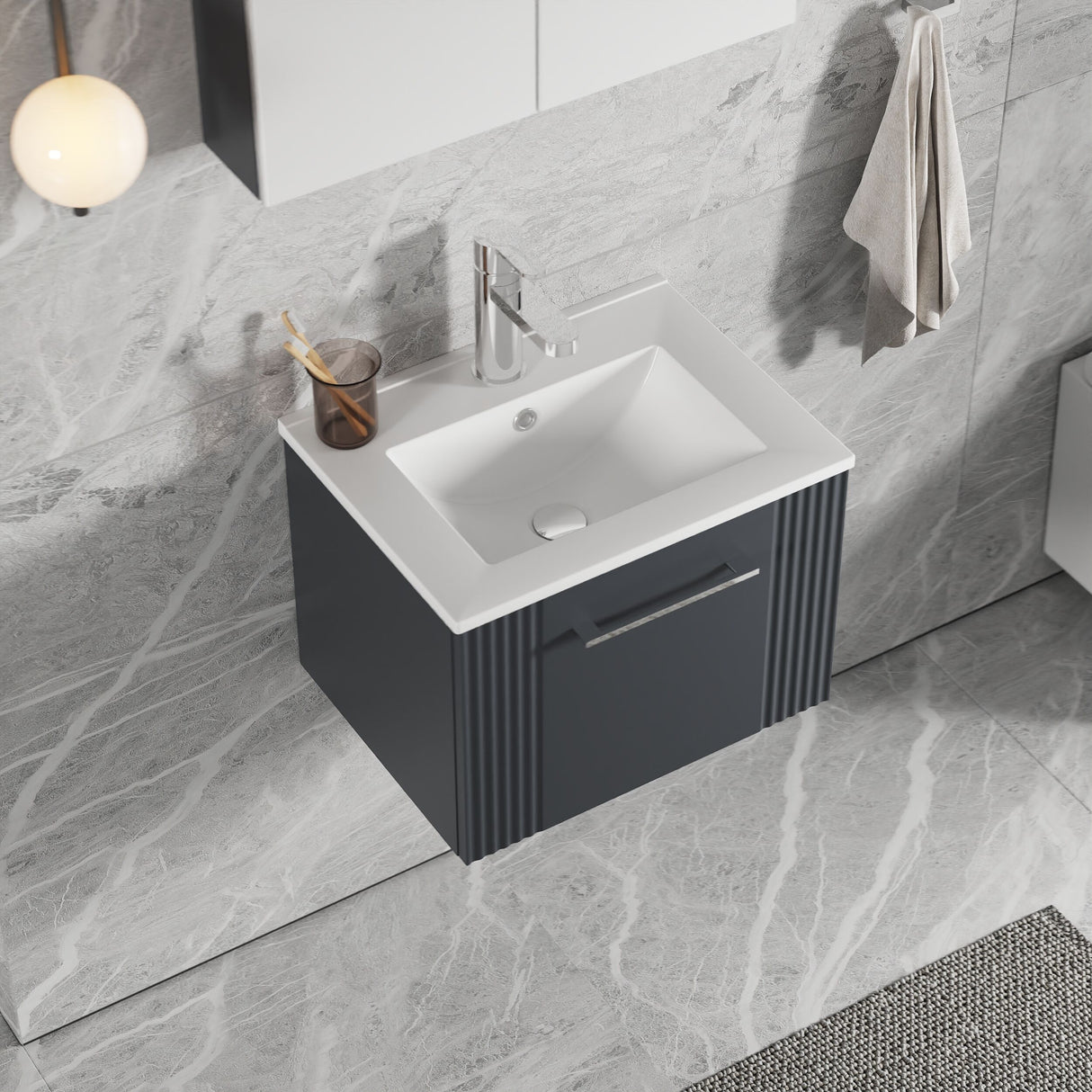 [BFPF1491B] Partial Fluted 1 Drawer Wall Hung Vanity Unit with 1 Tap Hole Minimalist Basin - 500mm - Satin Dark Grey - Lifestyle 2