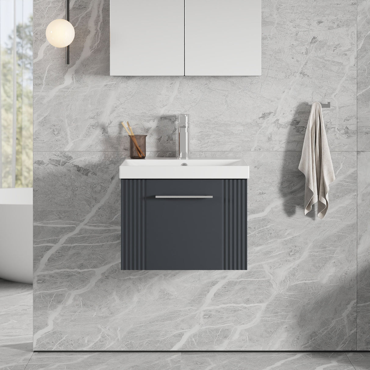 [BFPF1491D] Belvide Retro Partial Fluted 1 Drawer Wall Hung Vanity Basin Unit with Thin-Edge Basin, Choice of Size and Colour - Lifestyle 1
