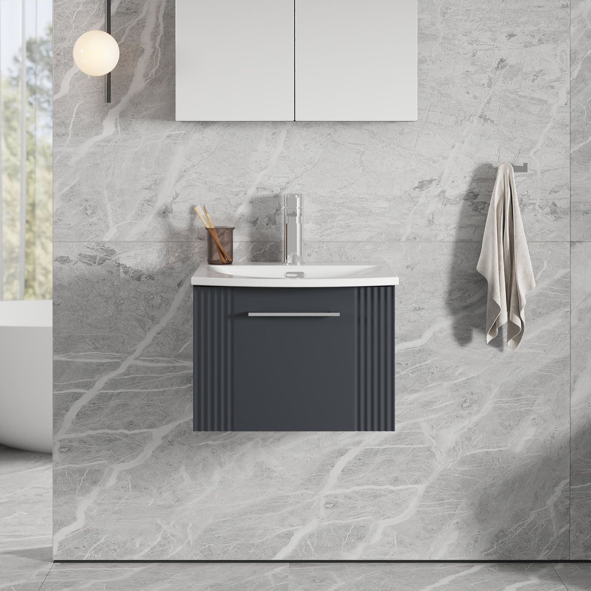 [BFPF1491G] Belvide Retro Partial Fluted 1 Drawer Wall Hung Vanity Basin Unit with Curved Basin, Choice of Size and Colour - Lifestyle 1