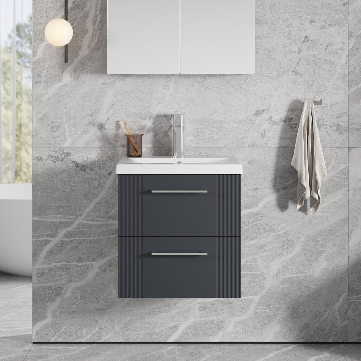 [BFPF1492A] Belvide Partial Fluted 2 Drawer Wall Hung Vanity Unit with Mid-Edge 1 Tap Hole Ceramic Basin - Lifestyle 1
