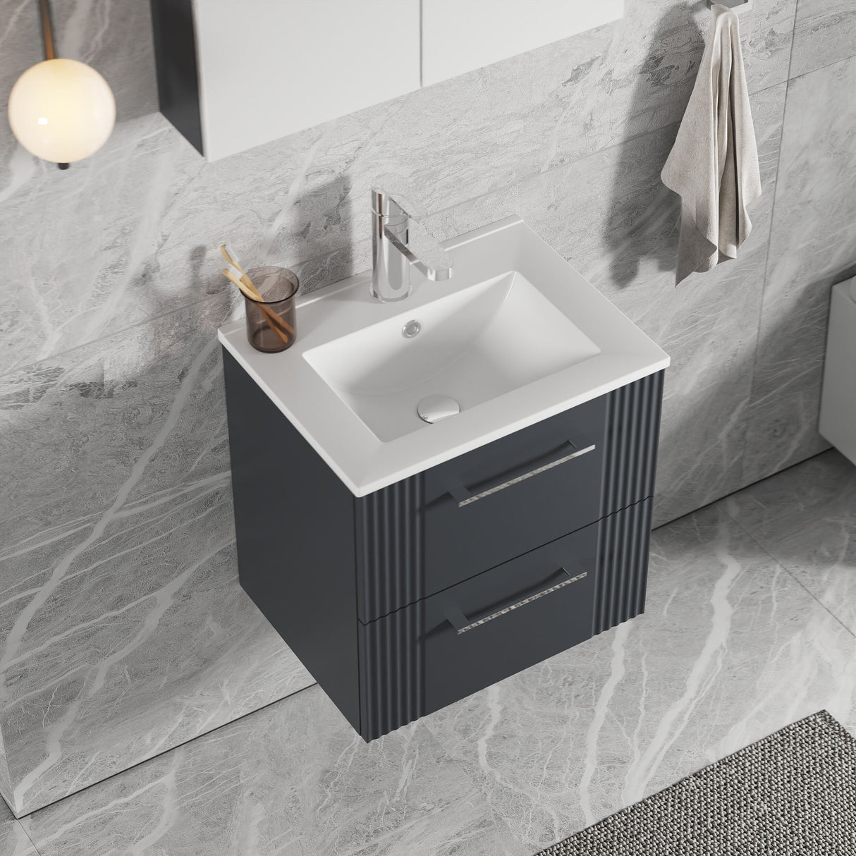 [BFPF1492B] Belvide Retro Partial Fluted 2 Drawer Wall Hung Vanity Basin Unit with Minimalist Basin, Choice of Size and Colour - Lifestyle 2