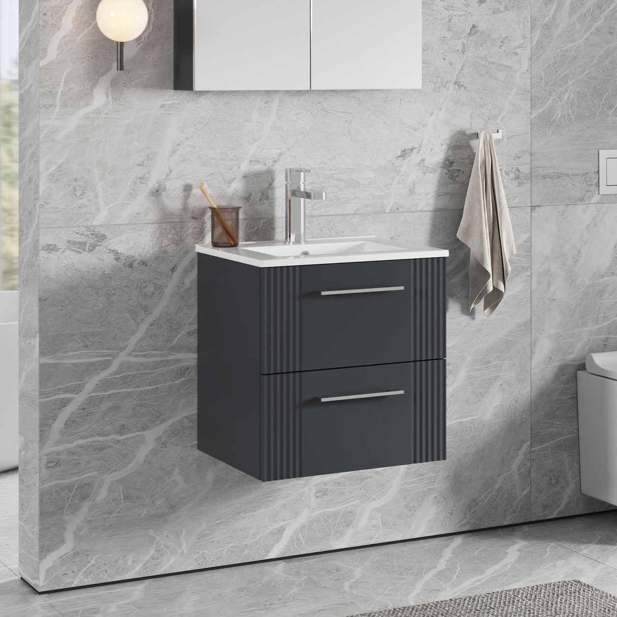 [BFPF1492B] Belvide Retro Partial Fluted 2 Drawer Wall Hung Vanity Basin Unit with Minimalist Basin, Choice of Size and Colour - Lifestyle 3
