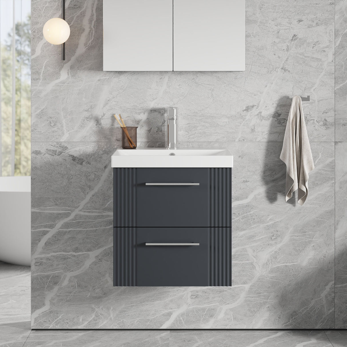 [BFPF1492D] Belvide Retro Partial Fluted 2 Drawer Wall Hung Vanity Basin Unit with Thin-Edge Basin, Choice of Size and Colour - Lifestyle 1
