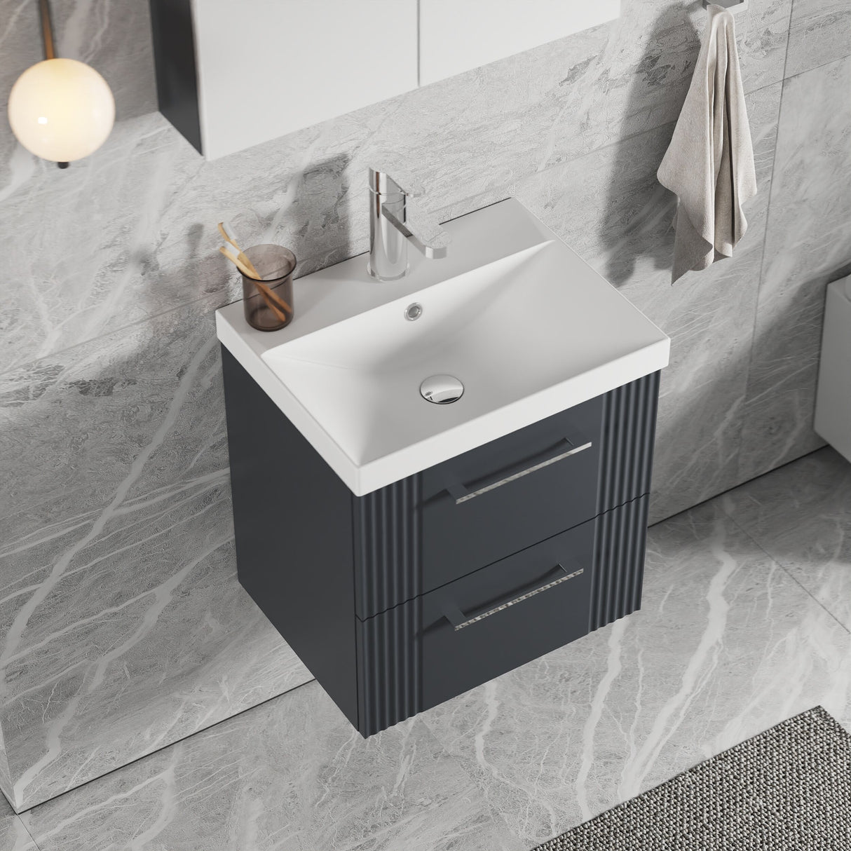 [BFPF1492D] Belvide Retro Partial Fluted 2 Drawer Wall Hung Vanity Basin Unit with Thin-Edge Basin, Choice of Size and Colour - Lifestyle 2