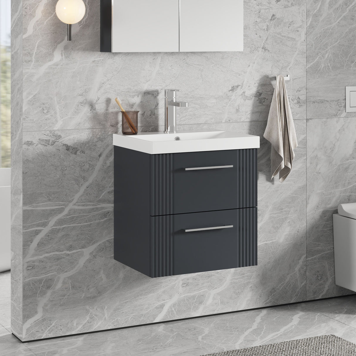 [BFPF1492D] Belvide Retro Partial Fluted 2 Drawer Wall Hung Vanity Basin Unit with Thin-Edge Basin, Choice of Size and Colour - Lifestyle 3