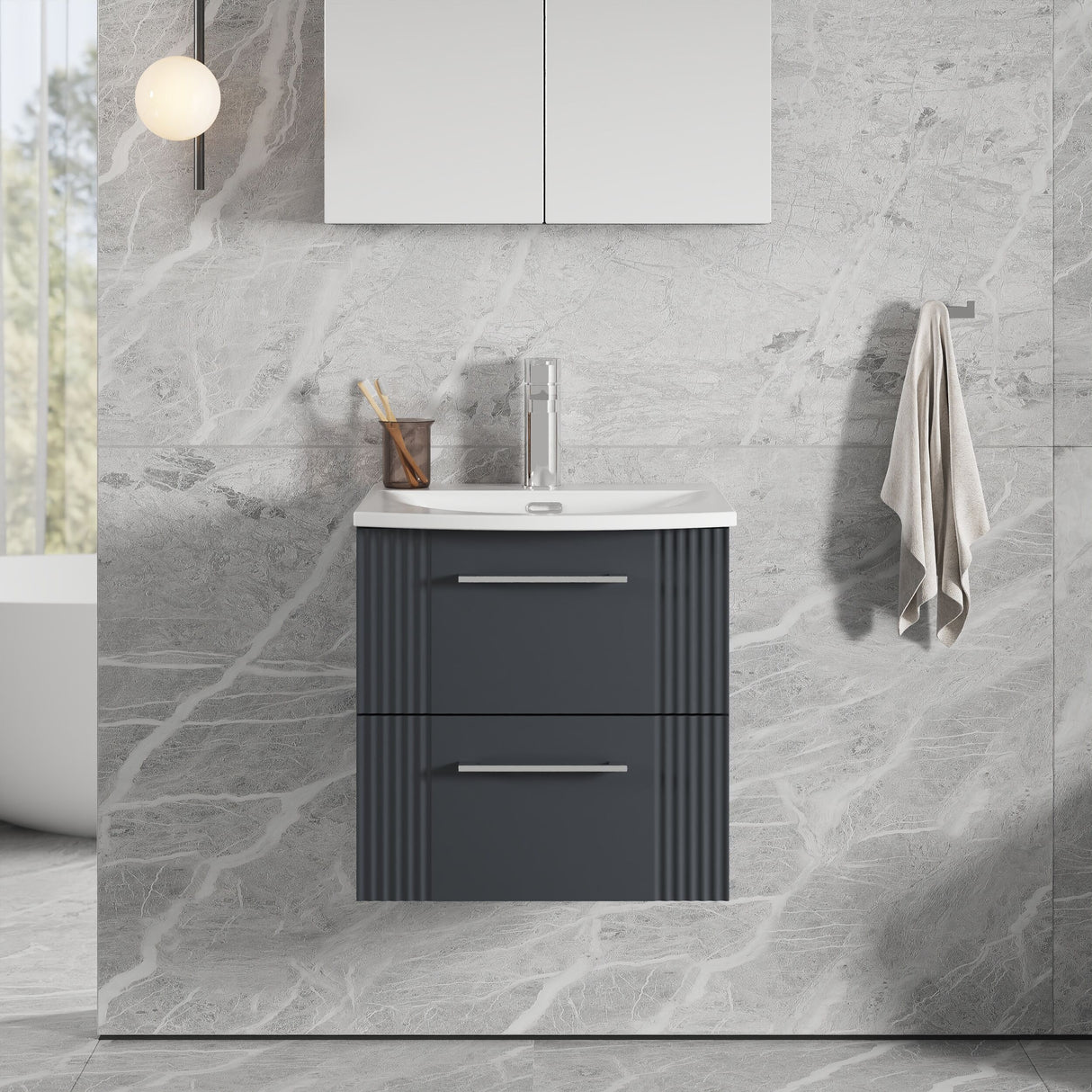 [BFPF1492G] Belvide Retro Partial Fluted 2 Drawer Wall Hung Vanity Basin Unit with Curved Basin, Choice of Size and Colour - Lifestyle 1