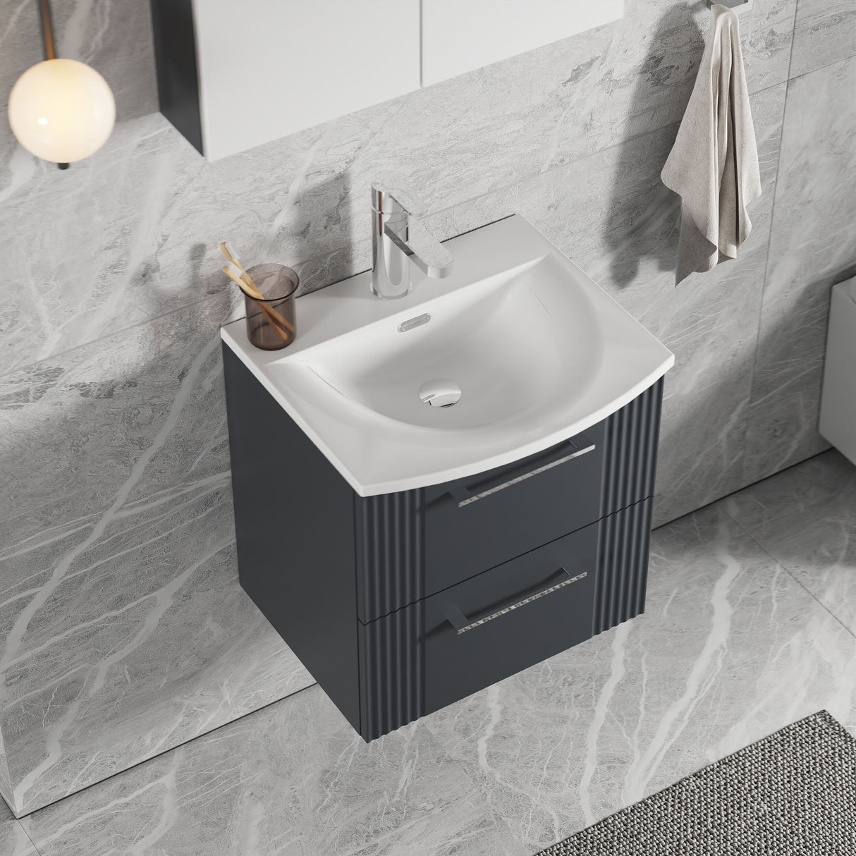 [BFPF1492G] Belvide Retro Partial Fluted 2 Drawer Wall Hung Vanity Basin Unit with Curved Basin, Choice of Size and Colour - Lifestyle 2