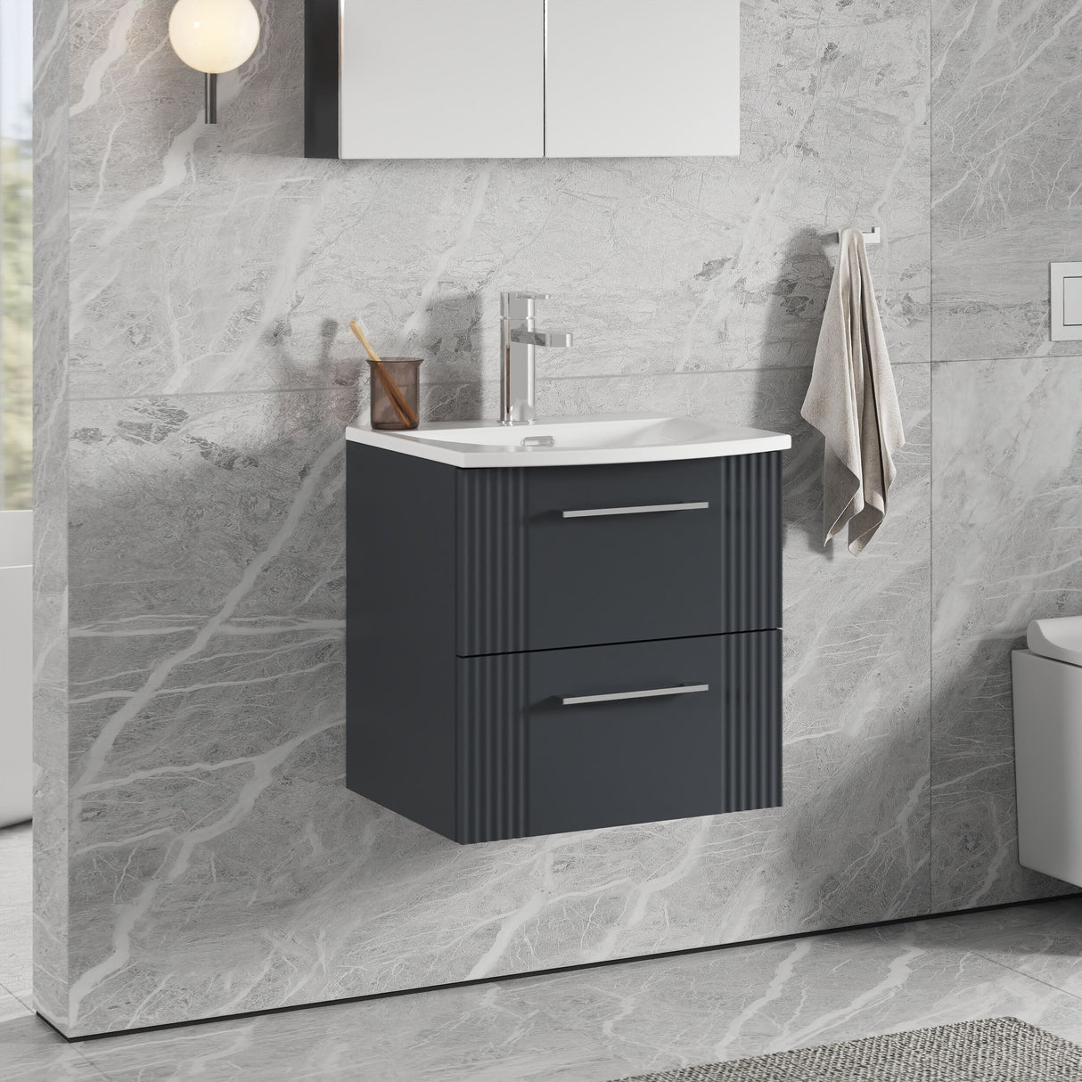 [BFPF1492G] Belvide Retro Partial Fluted 2 Drawer Wall Hung Vanity Basin Unit with Curved Basin, Choice of Size and Colour - Lifestyle 3