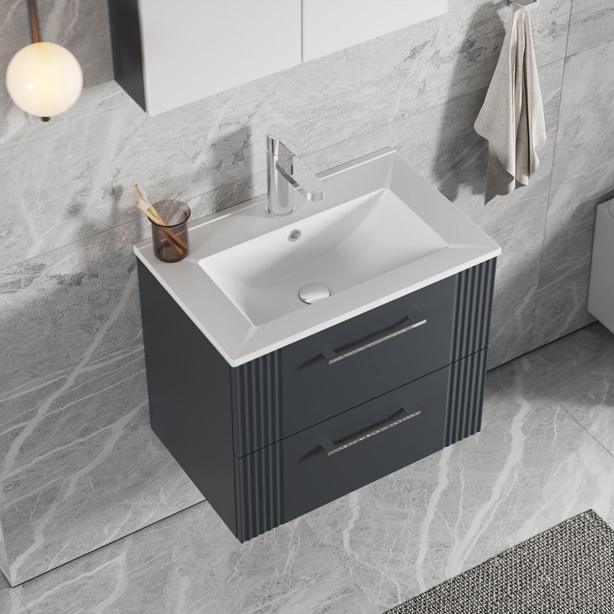[BFPF1493B] Belvide Retro Partial Fluted 2 Drawer Wall Hung Vanity Basin Unit with Minimalist Basin, Choice of Size and Colour - Lifestyle 2