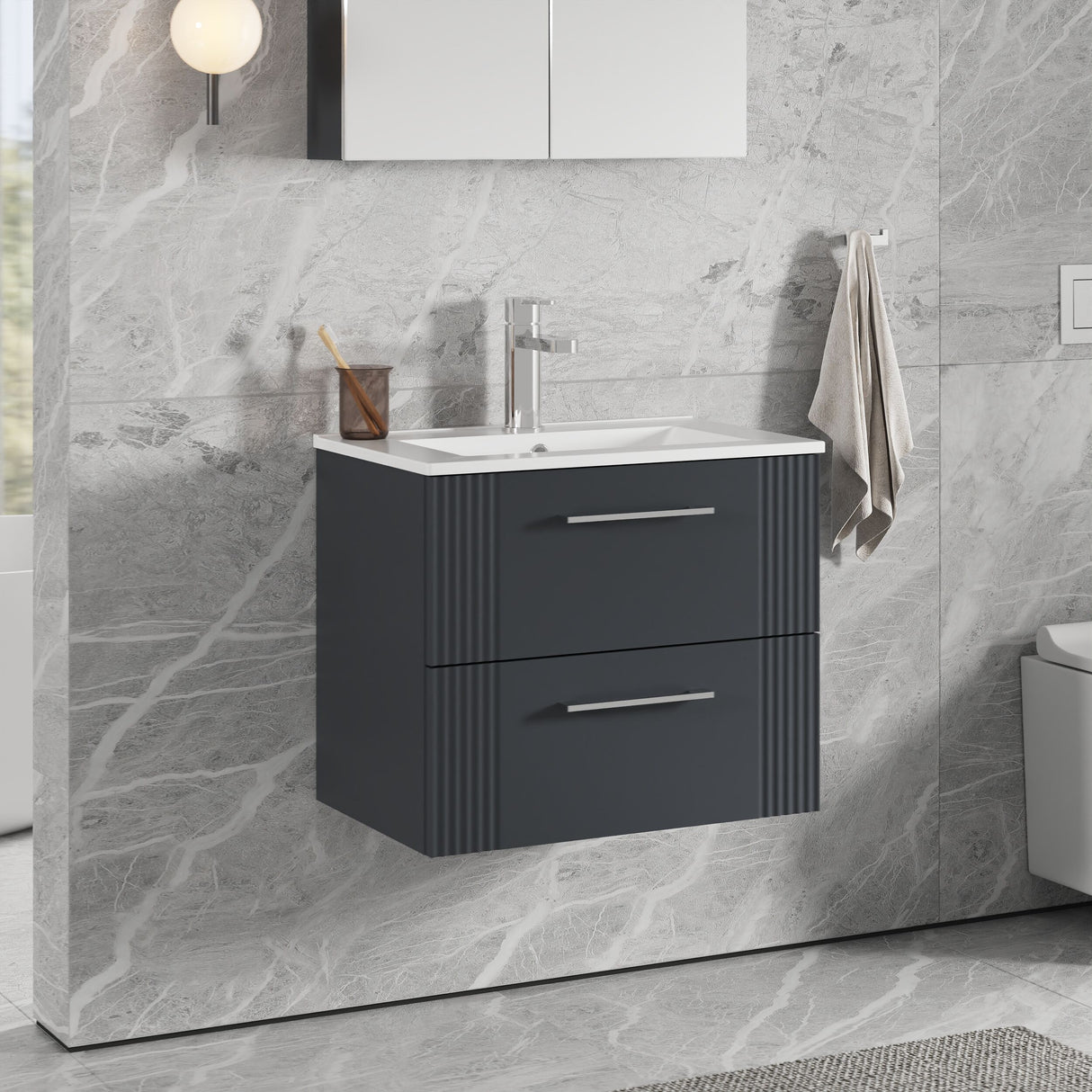 [BFPF1493B] Belvide Retro Partial Fluted 2 Drawer Wall Hung Vanity Basin Unit with Minimalist Basin, Choice of Size and Colour - Lifestyle 3