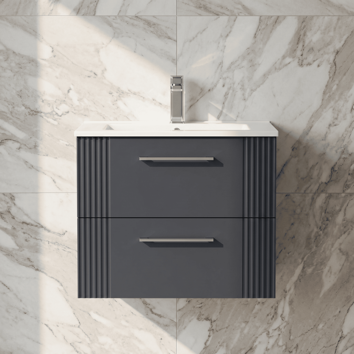 [BFPF1493B] Belvide Retro Partial Fluted 2 Drawer Wall Hung Vanity Basin Unit with Minimalist Basin, Choice of Size and Colour - Silo