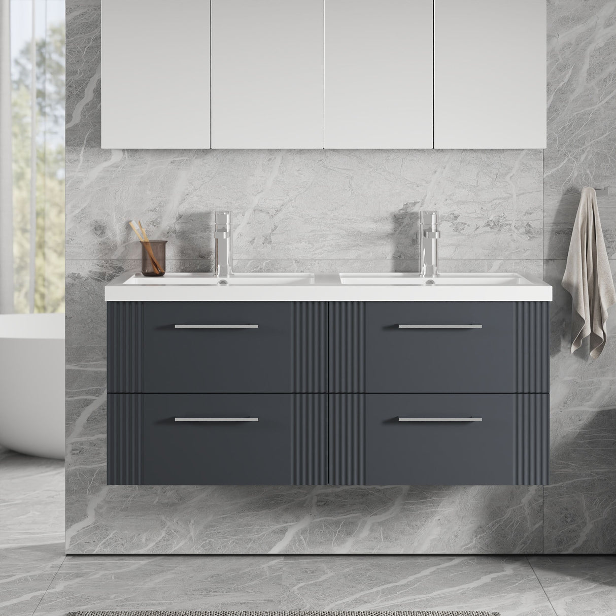 [BFPF1493C] Belvide Retro Partial Fluted 4 Drawer Wall Hung Vanity Basin Unit with Double Polymarble Basin, Choice of Colour - Lifestyle 1