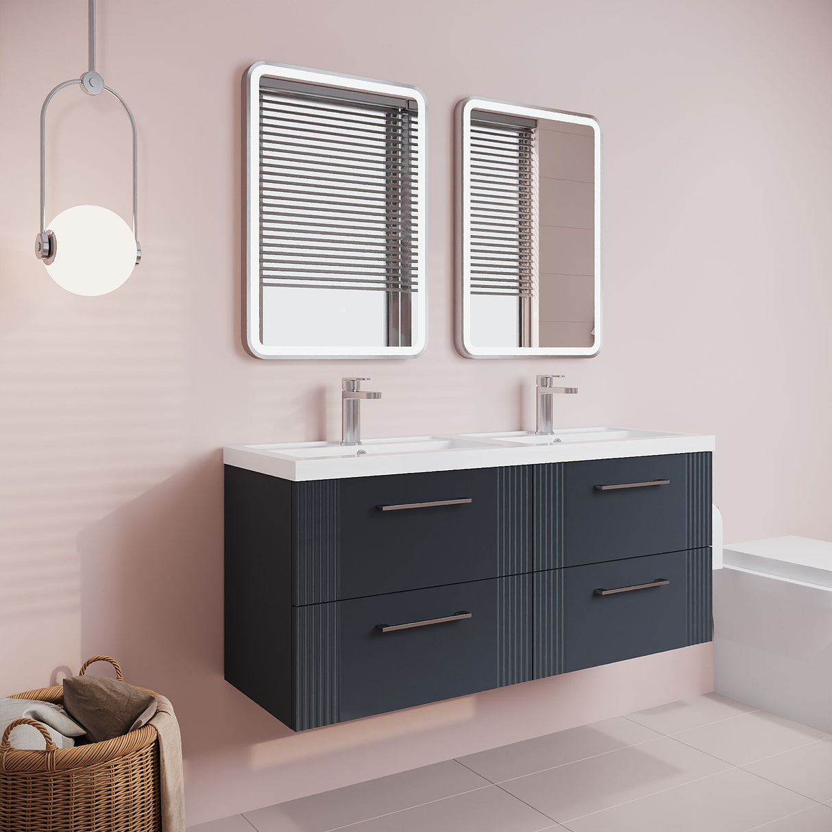 [BFPF1493C] Belvide Retro Partial Fluted 4 Drawer Wall Hung Vanity Basin Unit with Double Polymarble Basin, Choice of Colour - Lifestyle 3