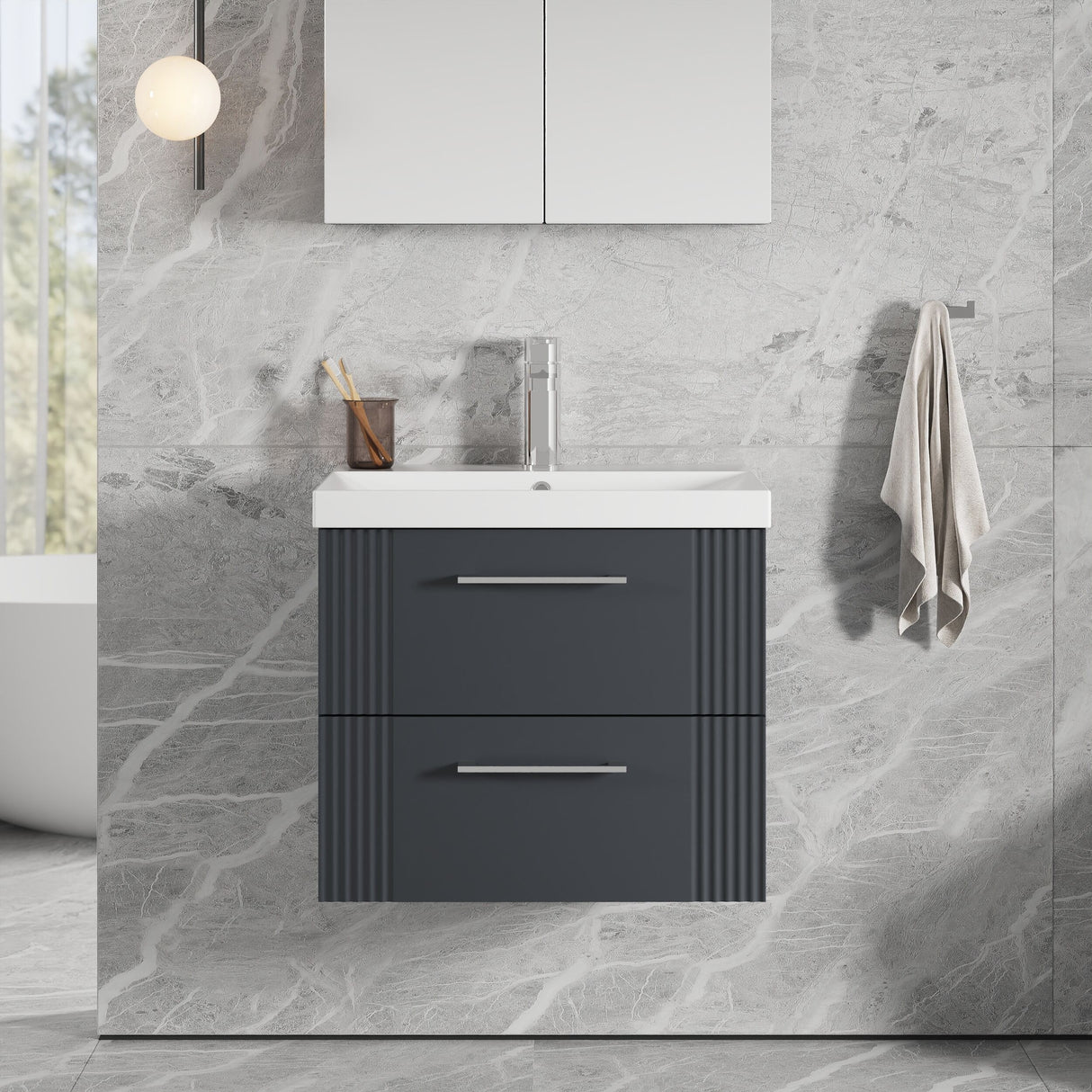 [BFPF1493D] Belvide Retro Partial Fluted 2 Drawer Wall Hung Vanity Basin Unit with Thin-Edge Basin, Choice of Size and Colour - Lifestyle 1