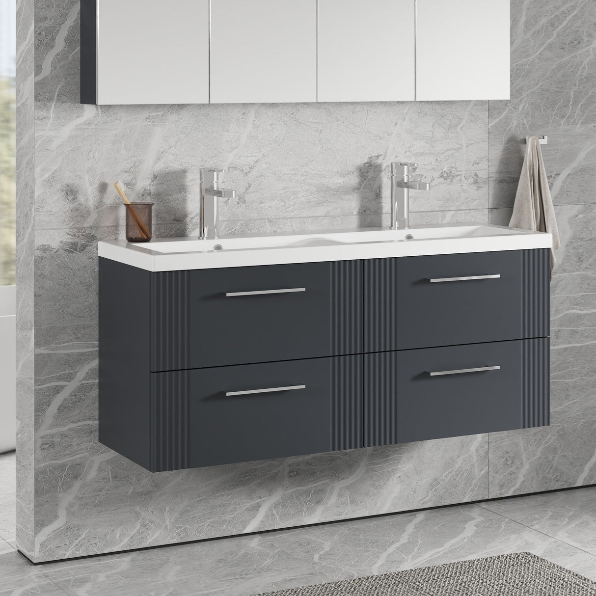 [BFPF1493F] Belvide Retro Partial Fluted 4 Drawer Wall Hung Vanity Basin Unit with Double Ceramic Basin, Choice of Colour - Lifestyle 3