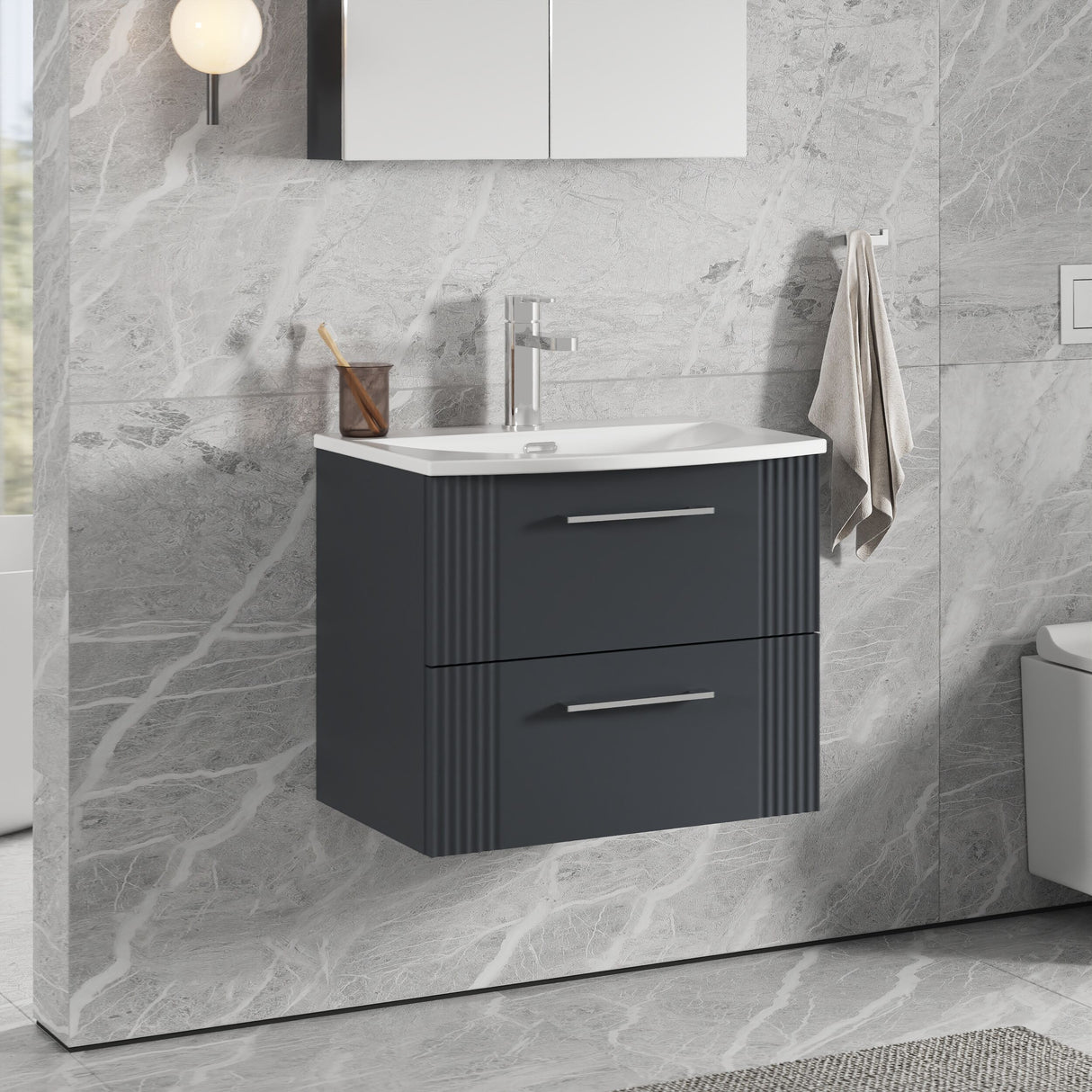 [BFPF1493G] Belvide Retro Partial Fluted 2 Drawer Wall Hung Vanity Basin Unit with Curved Basin, Choice of Size and Colour - Lifestyle 3