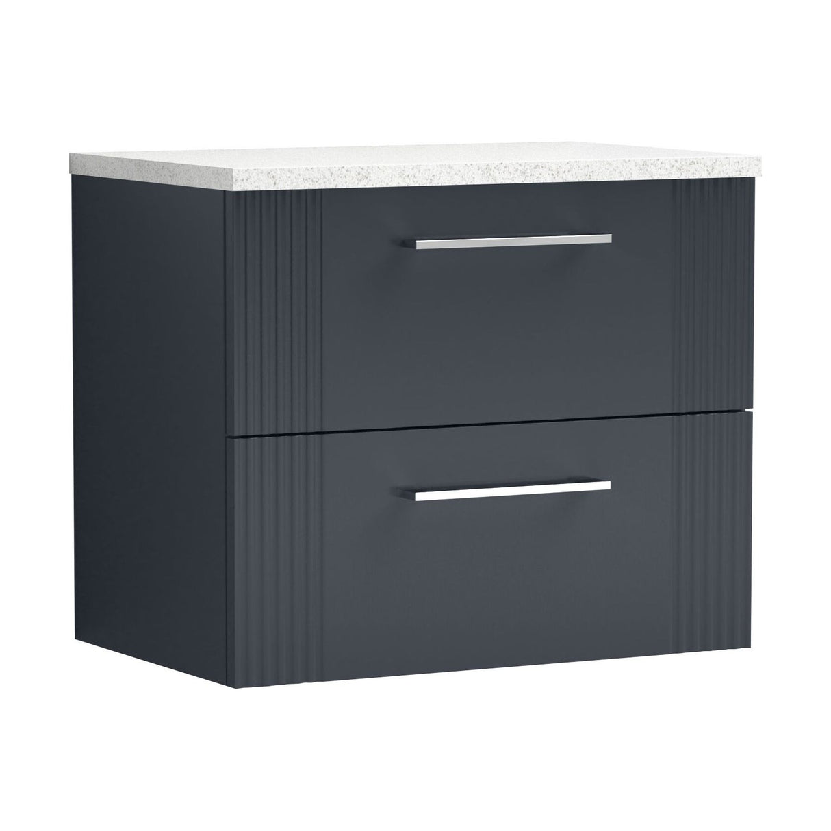 [BFPF1493LSW] Partial Fluted 2 Drawer Wall Hung Vanity Unit with Sparkling White Laminate Worktop - 600mm - Satin Dark Grey - Cutout