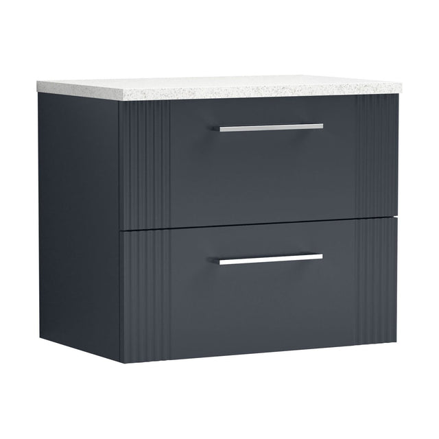 [BFPF1493LSW] Partial Fluted 2 Drawer Wall Hung Vanity Unit with Sparkling White Laminate Worktop - 600mm - Satin Dark Grey - Cutout