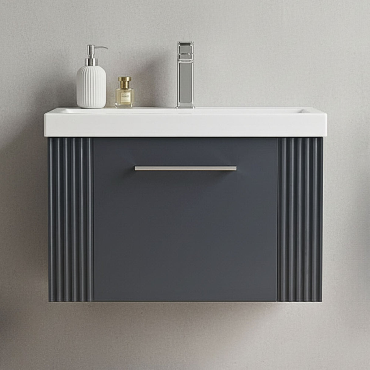[BFPF1494A] Belvide Partial Fluted 1 Drawer Wall Hung Vanity Unit with Mid-Edge 1 Tap Hole Ceramic Basin - Silo